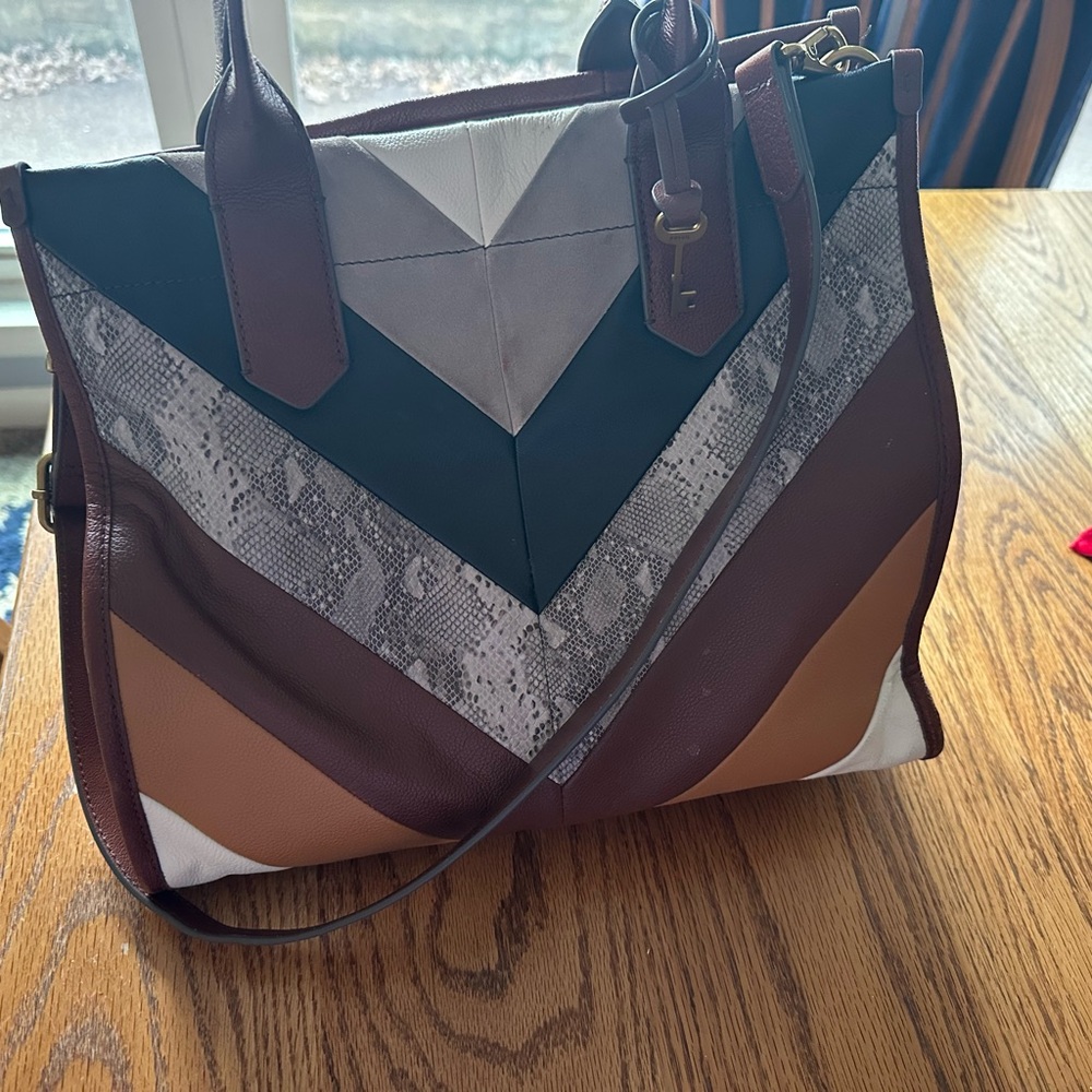 Fossil Chevron Tote in Brown and Cream